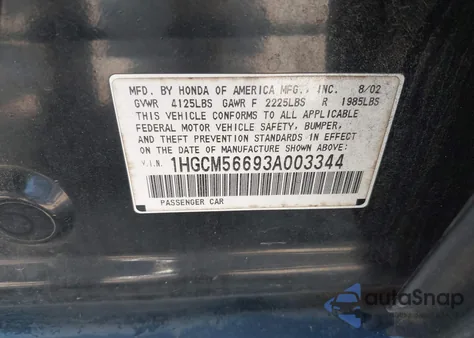 2003 Honda Accord 2.4 Ex from USA, damaged, VIN 1HGCM56693A003344